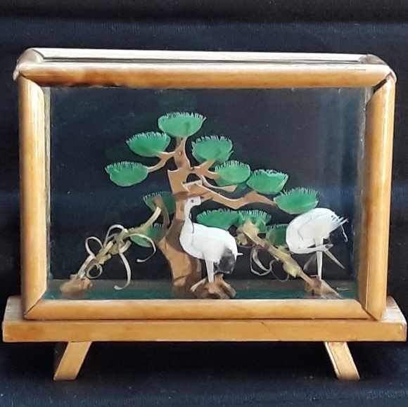 Vintage Other - Vintage Miniature Chinese 3D Cranes Landscape Glass Bamboo Diorama Display